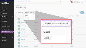 Work-based learning student list page. The "Opportunity creation" dropdown is open. The option on the menu are "Enable" and "Disable"